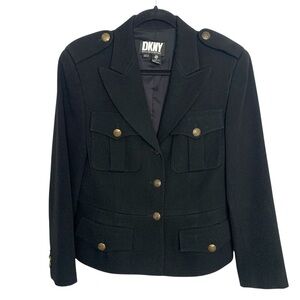 Vintage 90s DKNY Military Black Blazer Epaulets Wool Twill Crested Buttons 1990s